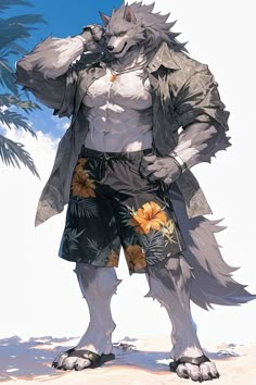 the wolf is standing in front of a palm tree and wearing shorts with flowers on them