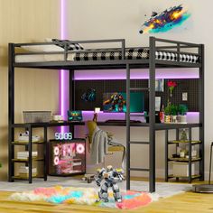 a bunk bed with a desk underneath it and toys on the floor next to it