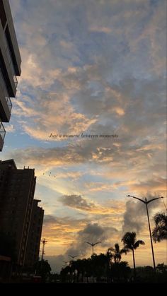 an airplane is flying in the sky above some buildings and palm trees at sunset or dawn