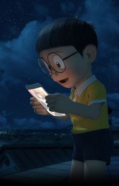 a young boy wearing glasses looking at an electronic device in front of the night sky