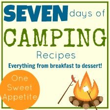 the cover of seven days of camping recipes, with an image of a campfire