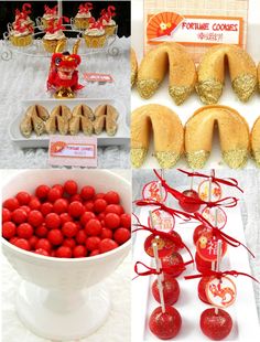 red and gold desserts are displayed in white bowls, with orange candies on the table