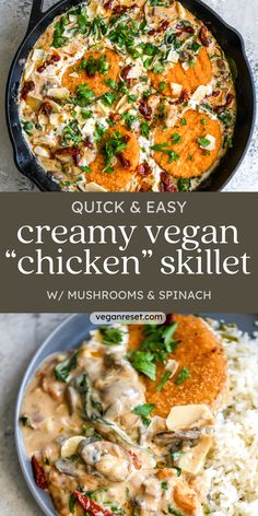 creamy vegan chicken skillet with mushrooms and spinach