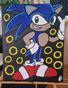 a painting of sonic the hedgehog on a easel