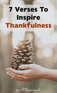 two hands holding a pine cone with the words 7 verses to inspire thanksgiving