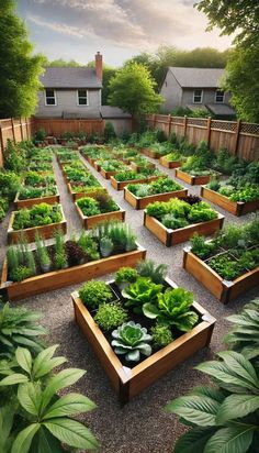 an outdoor garden with many different types of plants in wooden boxes on the ground, surrounded by greenery