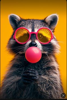 a raccoon wearing red glasses blowing a bubble with its tongue and nose ring