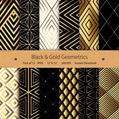 black and gold geometrics digital paper pack