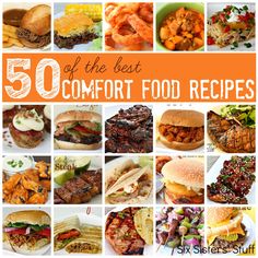 the cover of 50 of the best comfort food recipes, with pictures of different foods