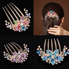 Description: Designed in the shape of flowers and leaves and decorated with colorful rhinestones, this hair comb is very shiny, beautiful, stylish and eye-catching. With it, you will be more beautiful and attractive. Adopting superb craftsmanship, this hair comb is very delicate and has a long-lasting shine. In addition, it has excellent hold so you don't have to worry about slipping. Made of high quality alloy and rhinestones material, this hair comb is wear-resistant and durable. Length of the Bride Hair Pins, Crystal Bridal Headpiece, Hair Comb Clips, Diamond Hair, Rhinestone Hair Comb, Floral Hair Clip, Rhinestone Hair Pin, Crystal Hair Comb, Bridal Wedding Hair