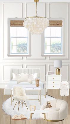 the interior of a bedroom with white walls and furniture, including a chandelier