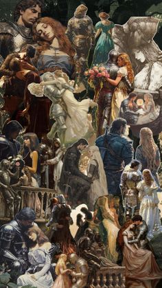 a collage of people dressed up in medieval costumes and holding flowers, standing next to each other