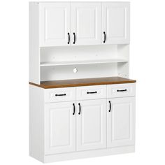 a white kitchen cabinet with wooden top and cupboards on the bottom, side by side