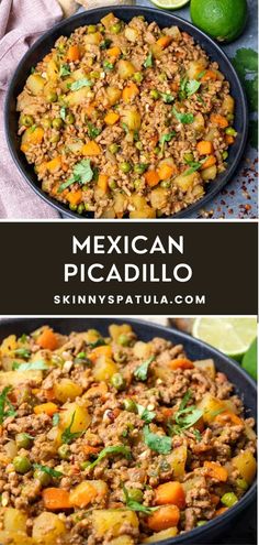 mexican picadillo in a skillet with limes and cilantro on the side