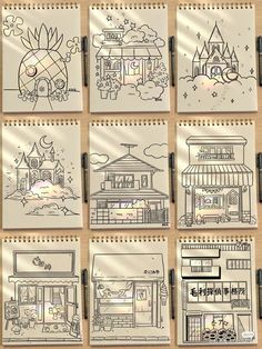 several drawings of buildings and shops in different stages of being drawn by someone's hand