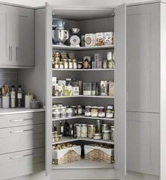 an open pantry with lots of food in it