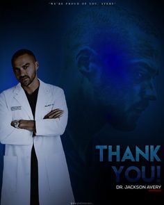 a man with his arms crossed standing in front of a blue background that says thank you