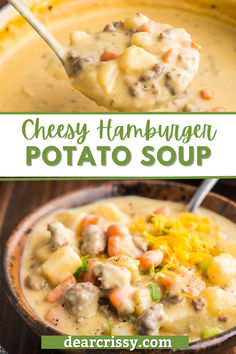 two pictures of cheese hamburger potato soup in a brown bowl with a spoon