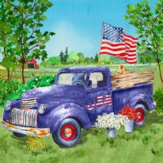 a watercolor painting of an old truck with a flag on the back and flowers in the bed