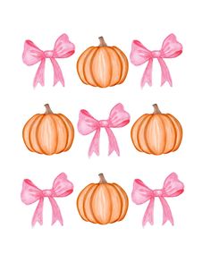 six watercolor pumpkins with pink bows