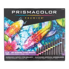 prism color pencils are shown in front of a box with watercolor fish on it