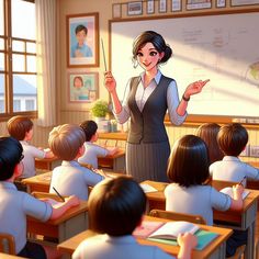 an animated teacher teaching students in a classroom