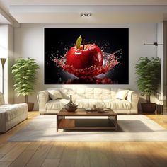 an apple splashing into the water in a living room