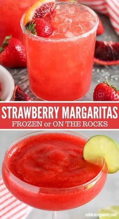 strawberry margaritas in glasses with strawberries on the rim and lime garnish