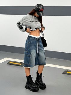 Women's Cargo Hip-Hop Streetwear Casual Denim With Pockets Shorts Blue Casual   Denim Letter,Plain Bermuda Non-Stretch  Women Clothing, size features are:Bust: ,Length: ,Sleeve Length: Baggy Cargo Shorts, Funky House, Streetwear Casual, Casual Denim, Cargo Shorts, Sports Equipment, All Fashion, Women Clothing, Fashion Inspiration