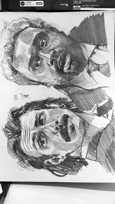 pencil drawing of two men in suits and ties, one is looking at the camera