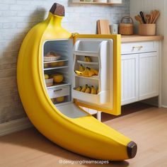 a banana shaped refrigerator with its door open