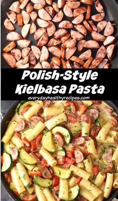 Kielbasa pieces in pan and pasta with kielbasa and vegetables in creamy sauce in pan. Recipes With Beef Kielbasa, Cream Chicken Pasta, Kielbasa Pasta Recipes, Smoked Polish Sausage, Orzo Dinner Recipes, Polish Sausage Recipes, Healthy Pasta Bake, Kielbasa Pasta, Easy Sausage Recipes