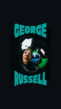 george russell with his helmet in front of the words,'george russell russell '