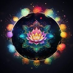 the lotus flower is surrounded by many colorful lights