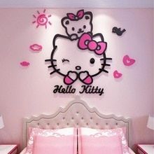 a hello kitty bedroom with pink walls and white headboard, bedding and nightstands