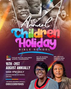 an event poster for children's holiday bible school with two women and one child