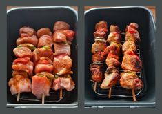 two pictures of meat skewers on the grill, one is wrapped in bacon and the other has ketchup