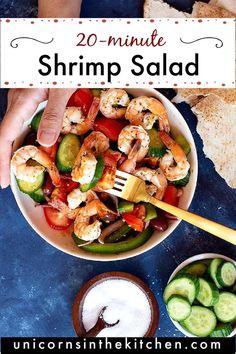 a bowl filled with shrimp and vegetables next to a plate of cucumber slices