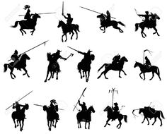 the silhouettes of medieval knights on horseback and horses in various poses, with their spears pointed