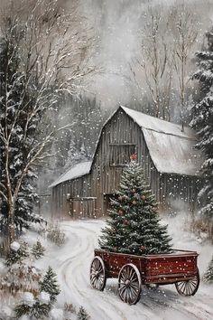 a painting of a horse drawn carriage carrying a christmas tree in front of a barn