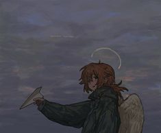 an anime character with long red hair holding a paper airplane in front of a cloudy sky