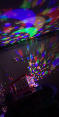 the ceiling is covered with colorful lights and patterns on it's walls, as if in an art gallery