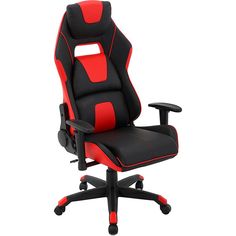 a black and red office chair with wheels on the bottom, in front of a white background