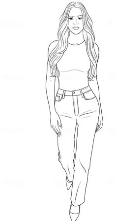 a drawing of a woman with long hair wearing pants and a cropped tank top