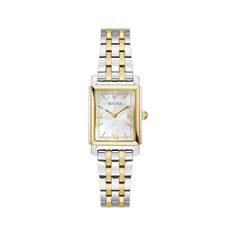 Perfectly styled for the woman who is ready to make a statement, this Bulova Sutton quartz timepiece adds a new dimension to your look. The 21mm rectangular stainless steel case has a gold-tone bezel and white mother-of-pearl dial Features include gold-tone hands and markers and a curved mineral crystal The two-toned stainless steel bracelet secures with a push-button deployment closure Water-resistant to 30 meters Best Watches Women Nordstrom, Classic Watch Women, Gold And Silver Watch, Silver Watches Women, Bulova Watches, Fan Jewelry, Eternity Ring Gold, Stackable Rings Silver, New Dimension