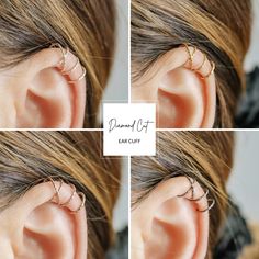 three different views of a woman's ear with the word diamond on top and bottom