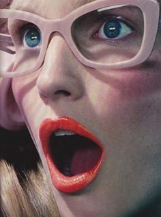 pink specs, orange lipstick Miles Aldridge, Shocked Face, Chica Cool, Orange Lips, Pink Cheeks, Four Eyes, Wearing Glasses, Girls With Glasses, Vogue Italia