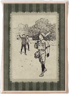 an old drawing of two boys playing baseball