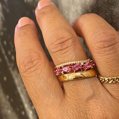 Another stunning piece of jewelry from MELIGreece's collection: a 18k rose gold wide ring band, paved with one row of mineral pink sapphires total weight 1.25 cts., another row of white diamonds 0.10 cts. and smaller rubies among the gemstones weighting 0.08 cts. Pink sapphires symbolize trust and faith. They are also believed to bring good luck and intense love.  This rose gold multi gemstone three row band with beautiful deep colors, made with care by our MELIGreece workshop in Athens. Size of Pink Ruby Ring With Single Cut Diamonds, Pink Single Cut Diamond Promise Rings, Pink Ruby Ring With Rose Cut Diamonds, Pink Lab-created Ruby Ring, Fine Jewelry Pink Ruby Ring With Single Cut Diamonds, Pink Ruby Ring With Single Cut Diamonds For Anniversary, Pink Ruby Ring With Single Cut Diamonds For Wedding, Ring Assortment, Wavy Design