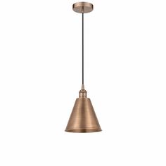 a brass colored pendant light hanging from the ceiling